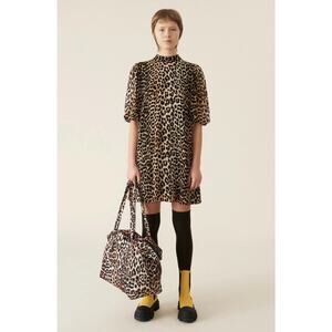 GANNI NWT Leopard Georgette Smock Mini Dress Mock Neck Oversized 38 US 6